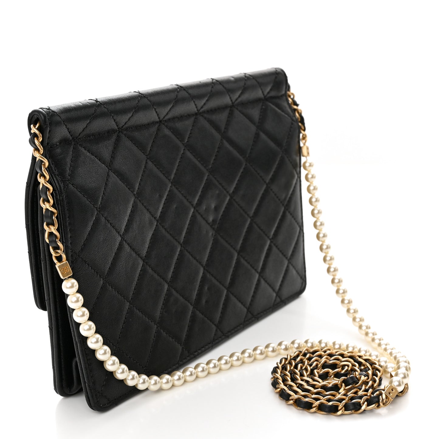 Lambskin Quilted Large Pearl Chain Flap Bag Black