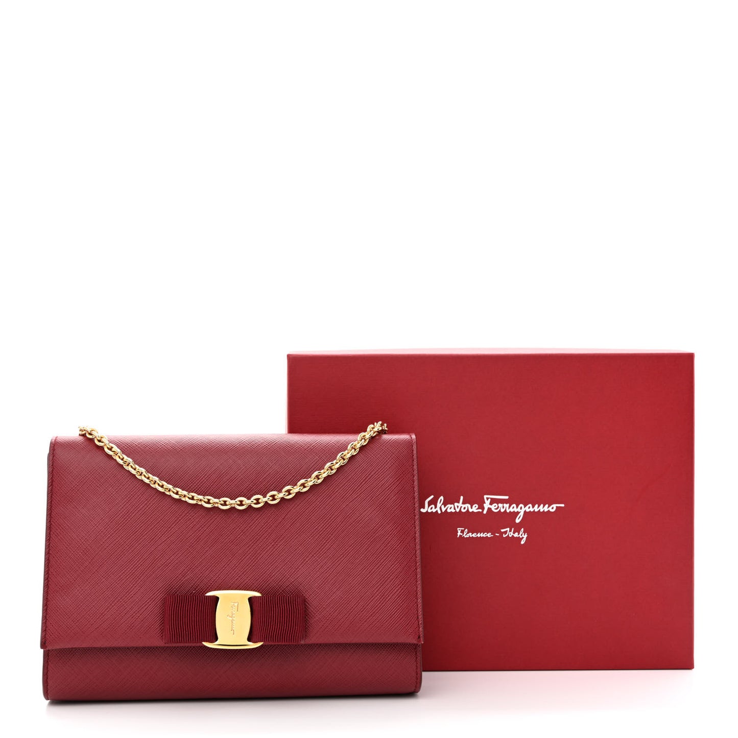 Hammered Calfskin Vara Bow Chain Wallet Red