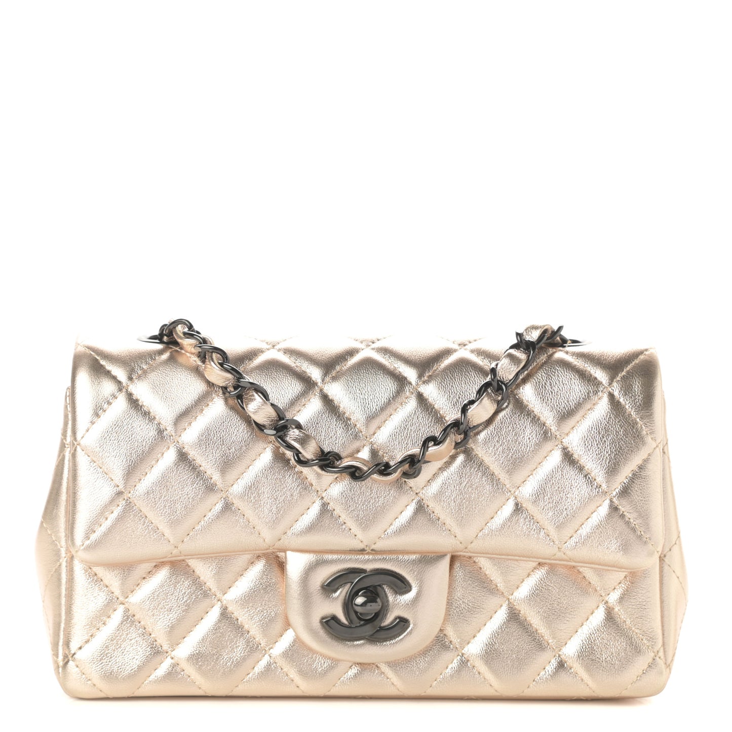 Metallic Lambskin Quilted Mini Rectangular Flap Gold Black