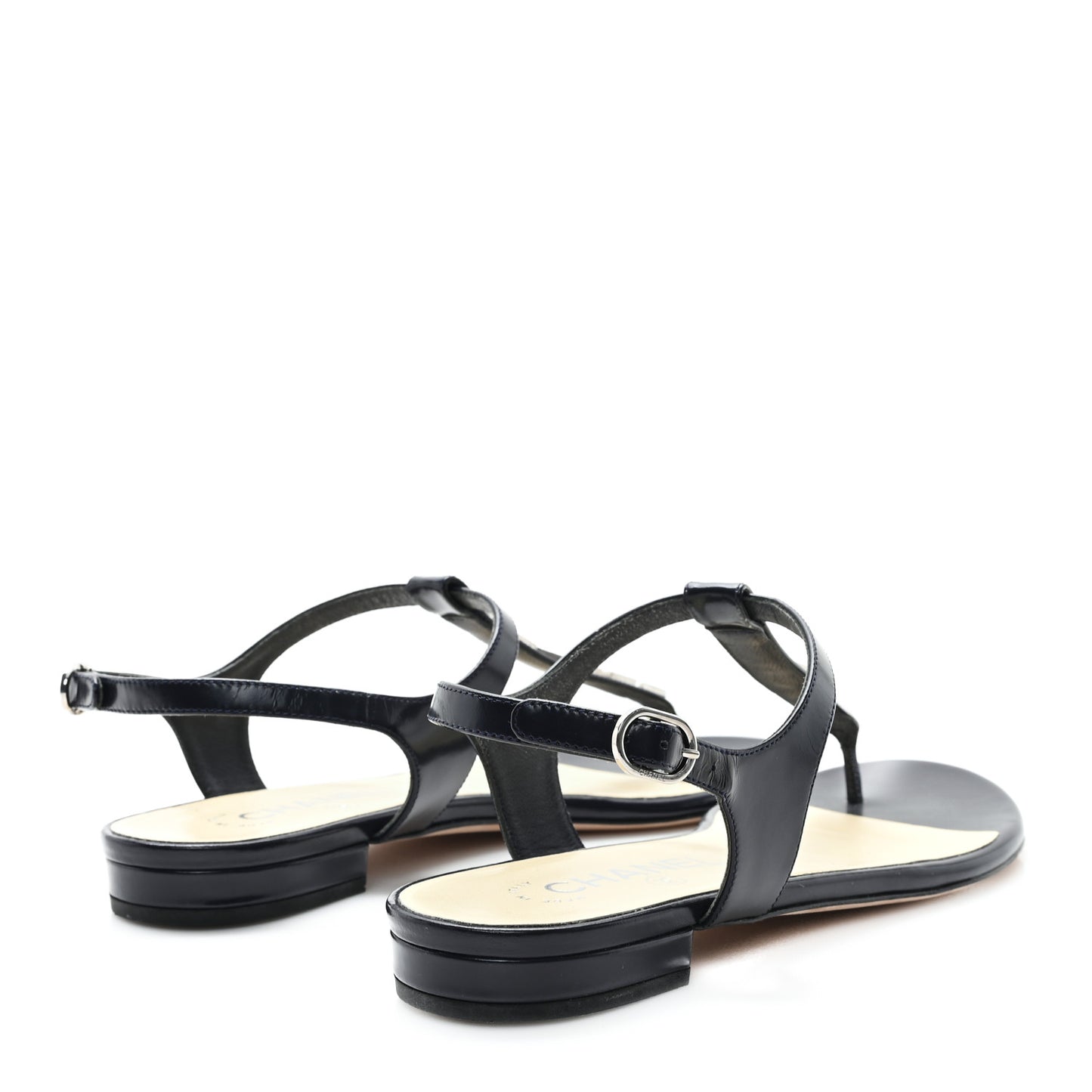 Patent Calfskin Logo Thong Sandals 38.5 Navy
