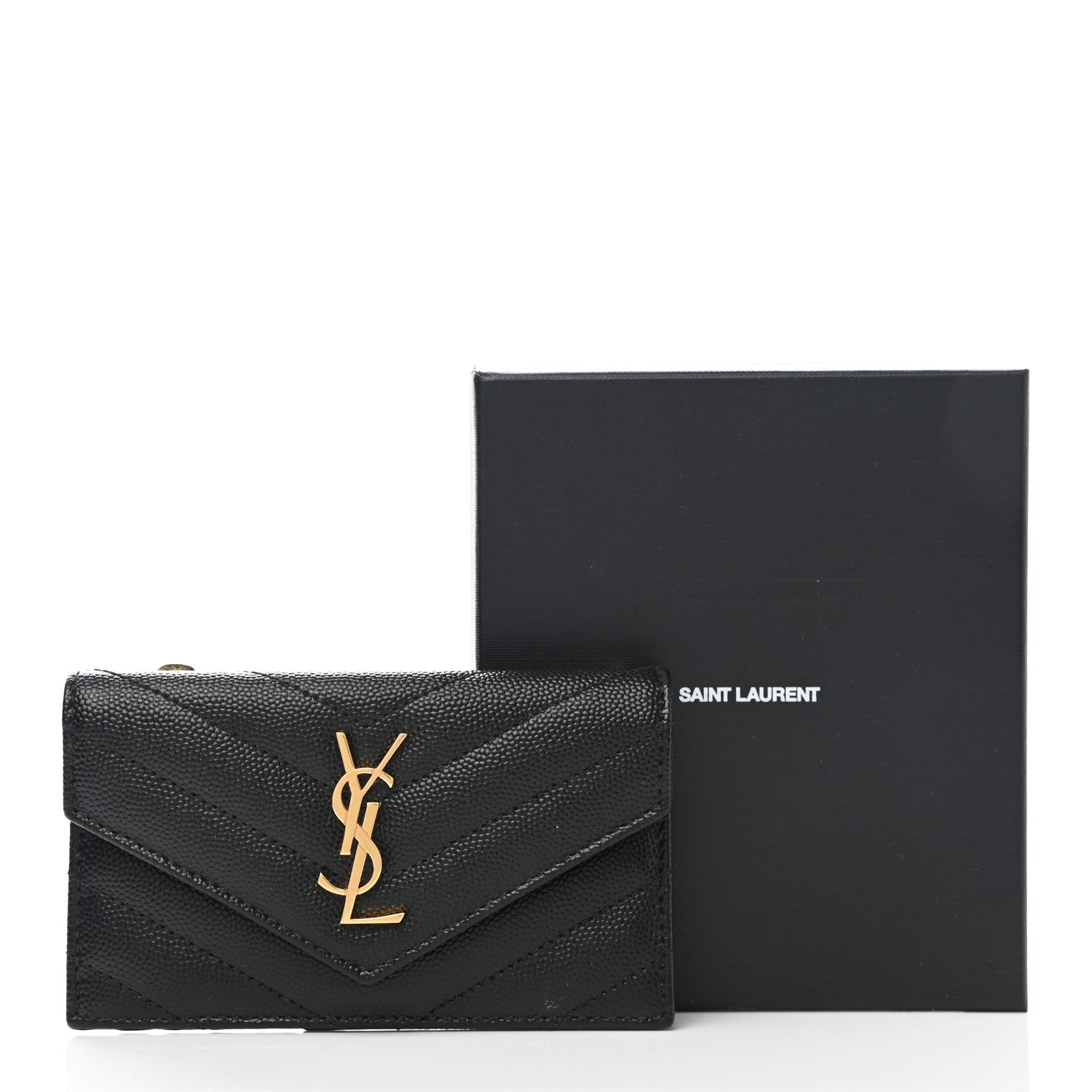 Saint Laurent Grain De Poudre Matelasse Chevron Monogram Compact Wallet Black 9 of 9