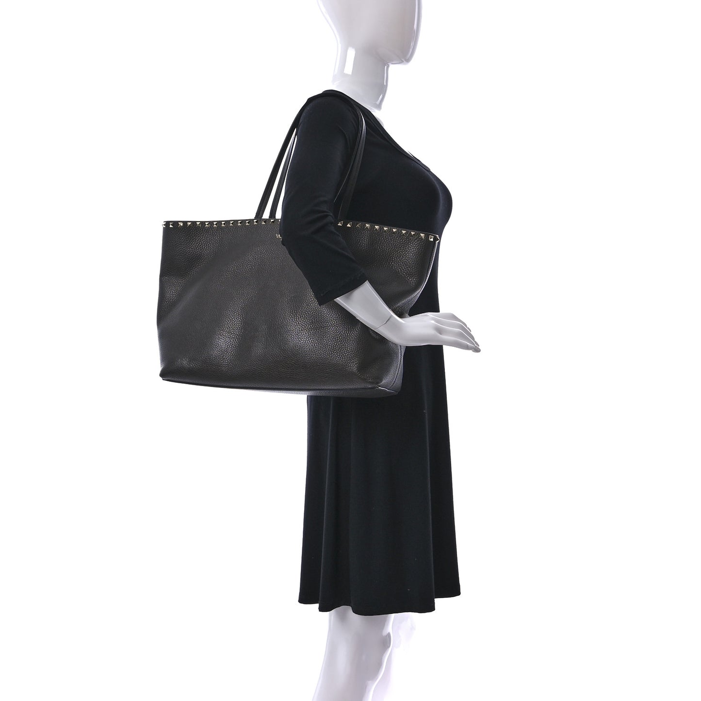 Grained Calfskin Rockstud Shoulder Tote Graphite