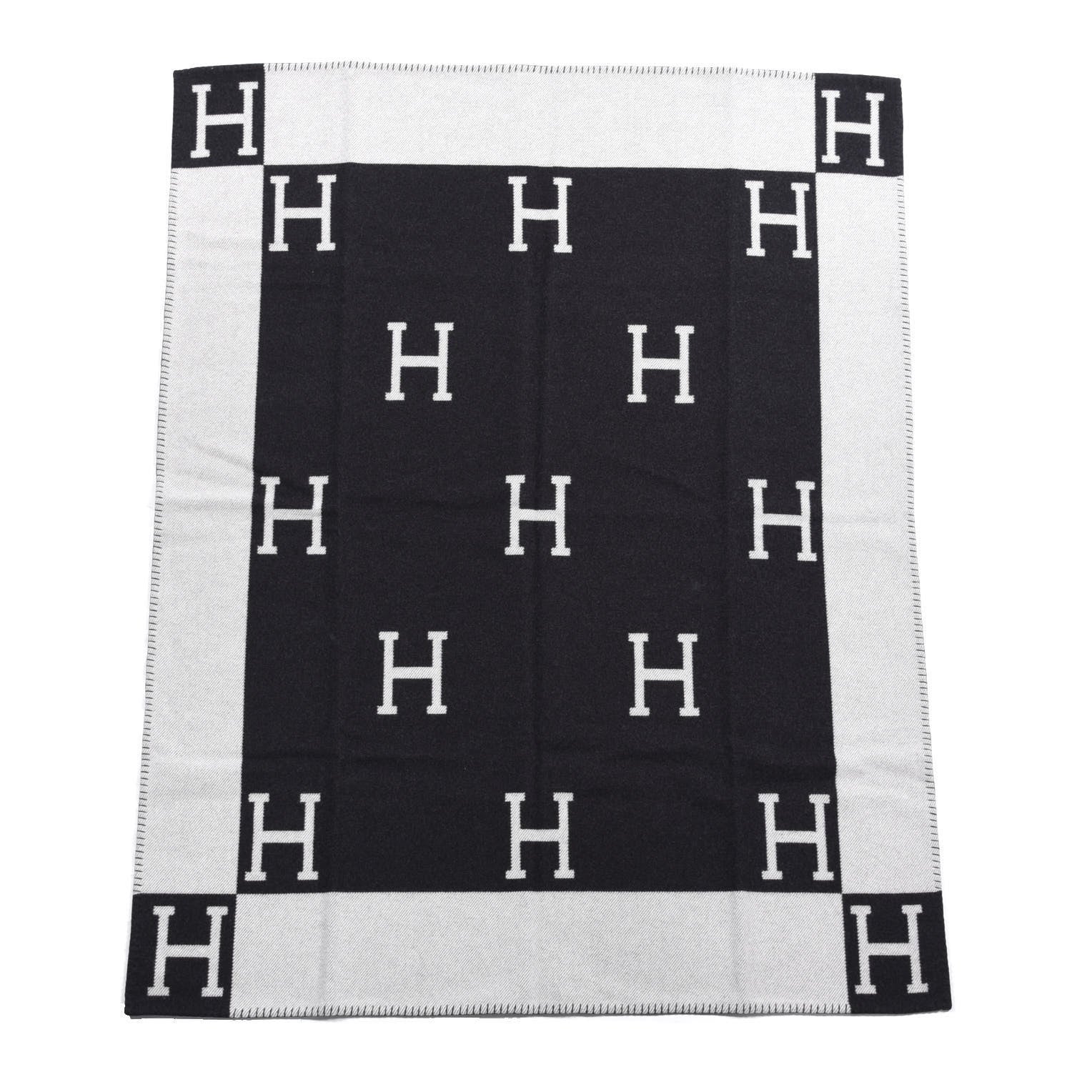 Hermes Wool Cashmere Avalon III Blanket Ecru Black 1 of 3