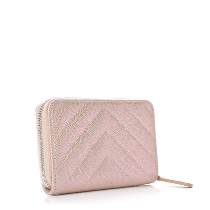 Chanel Metallic Caviar Chevron Quilted Zip Around Coin Purse Light Gold 3 of 9