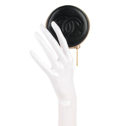 Chanel Lambskin Round Camellia CC Coin Purse Black Beige 2 of 6