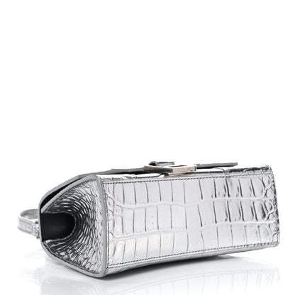 Balenciaga Metallic Calfskin Crocodile Embossed Hourglass Top Handle Bag XS Silver 4 of 15