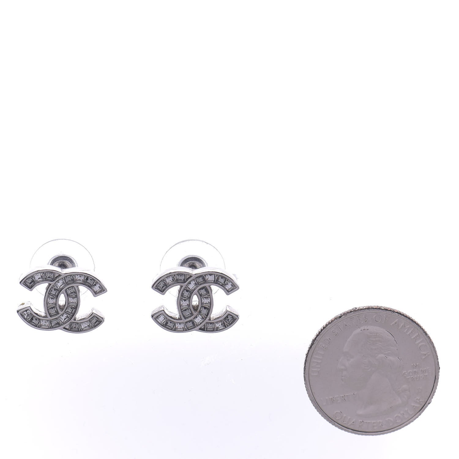 Chanel Baguette Crystal CC Earrings Silver Grey 2 of 5