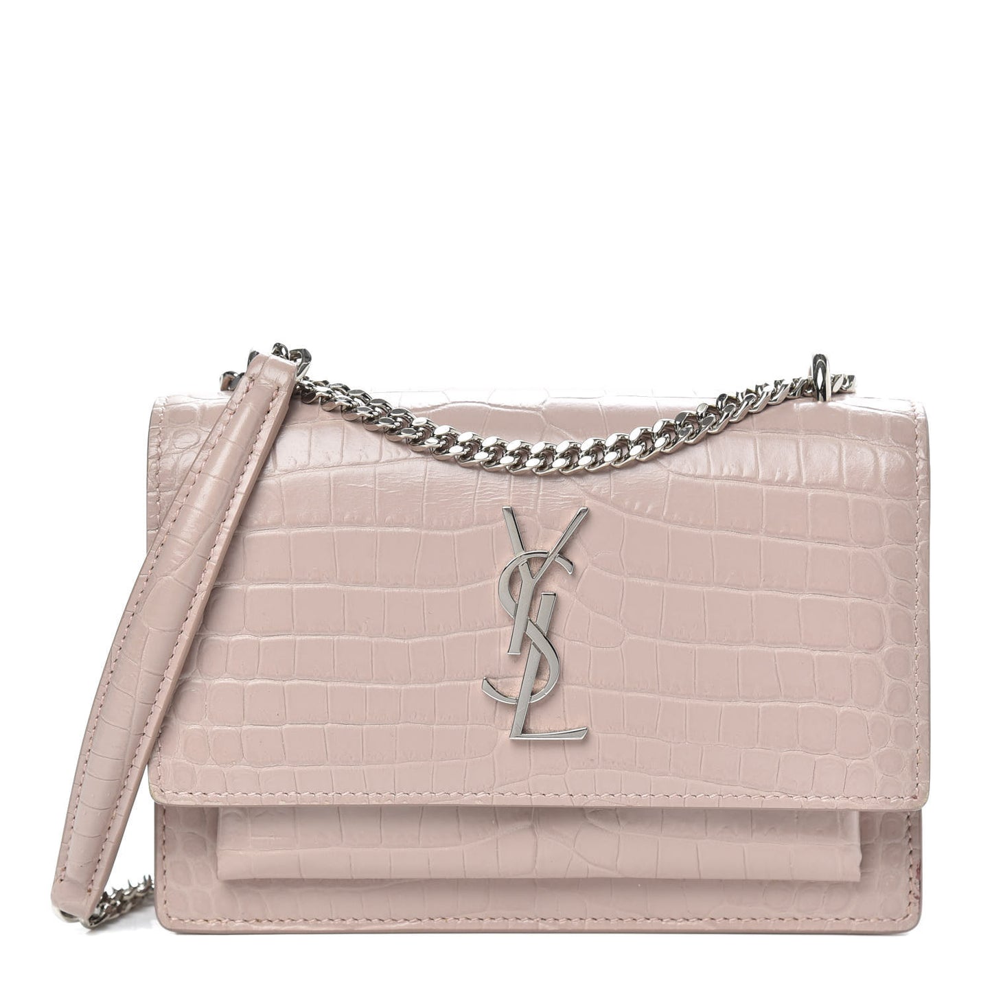 Calfskin Crocodile Embossed Monogram Sunset Chain Wallet Marble Pink