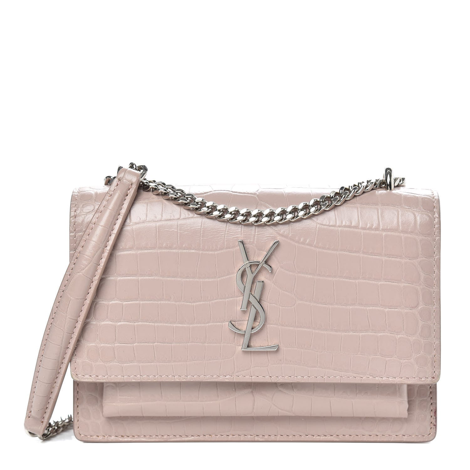 Saint Laurent Calfskin Crocodile Embossed Monogram Sunset Chain Wallet Marble Pink 1 of 9