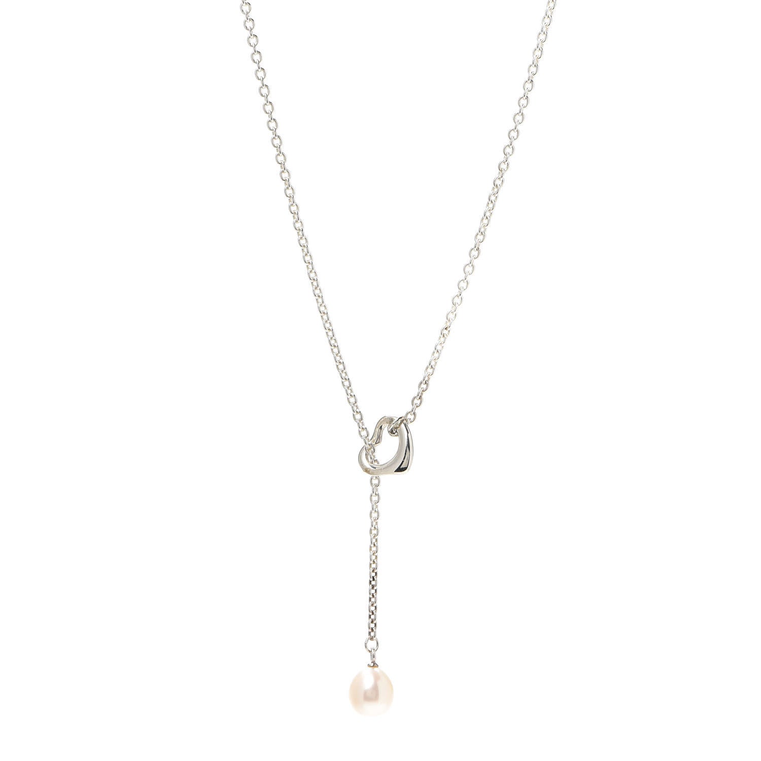 Tiffany Sterling Silver Pearl 9-9.5mm Elsa Peretti Open Heart Lariat Necklace 1 of 6