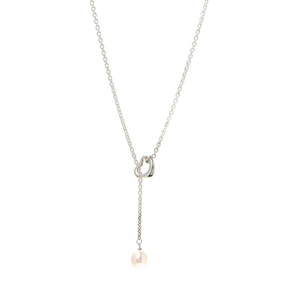 Tiffany Sterling Silver Pearl 9-9.5mm Elsa Peretti Open Heart Lariat Necklace 1 of 6