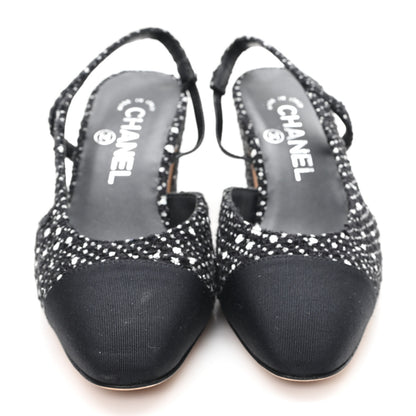 Chanel Tweed Polkadot Grosgrain Cap Toe CC Slingback Pumps 36 Black White Silver 3 of 9