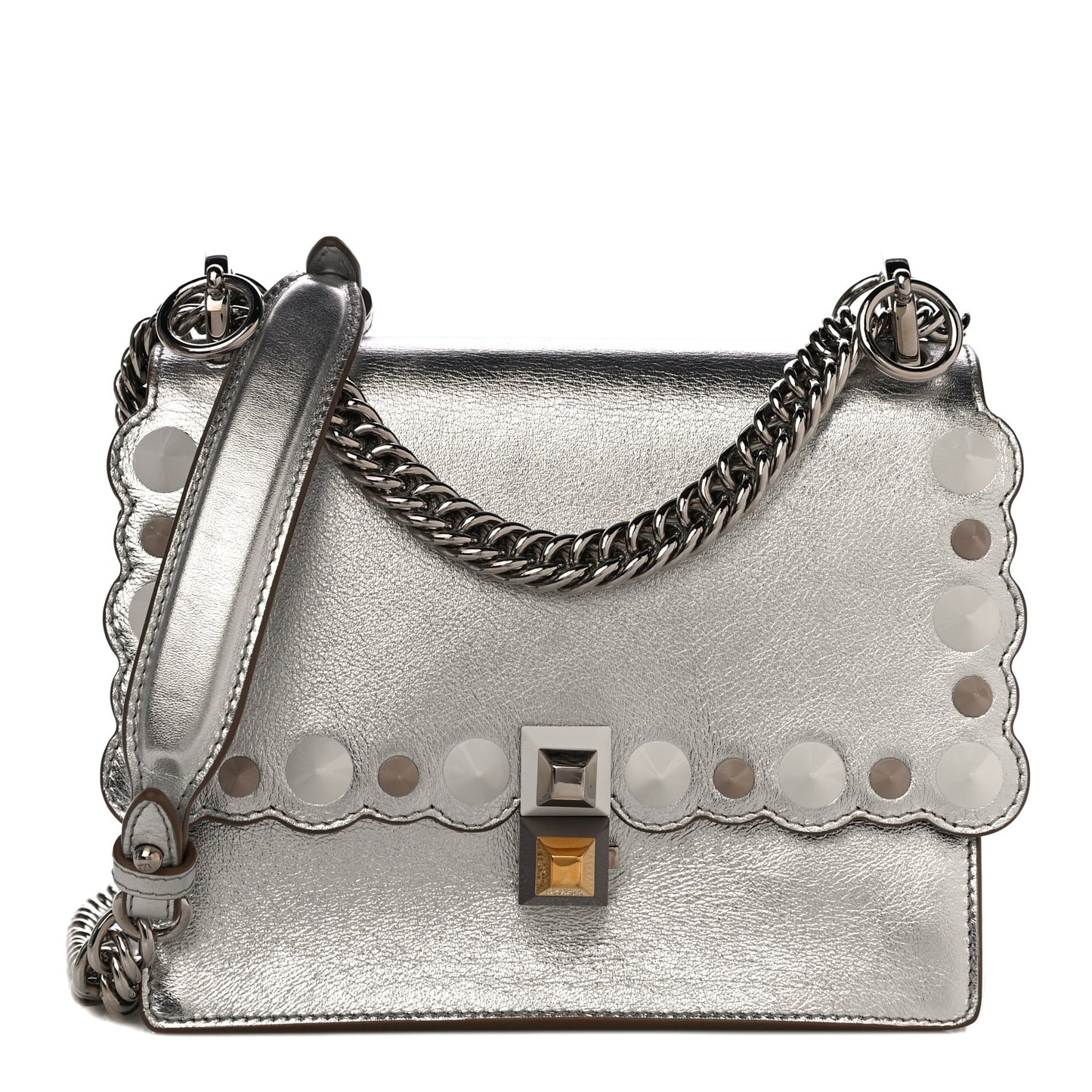 Vitello Catalan Mirror Scalloped Multi Studded Small Kan I Shoulder Bag Argento