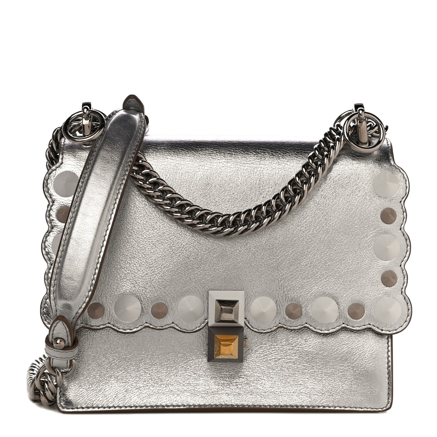 Fendi Vitello Catalan Mirror Scalloped Multi Studded Small Kan I Shoulder Bag Argento 1 of 11