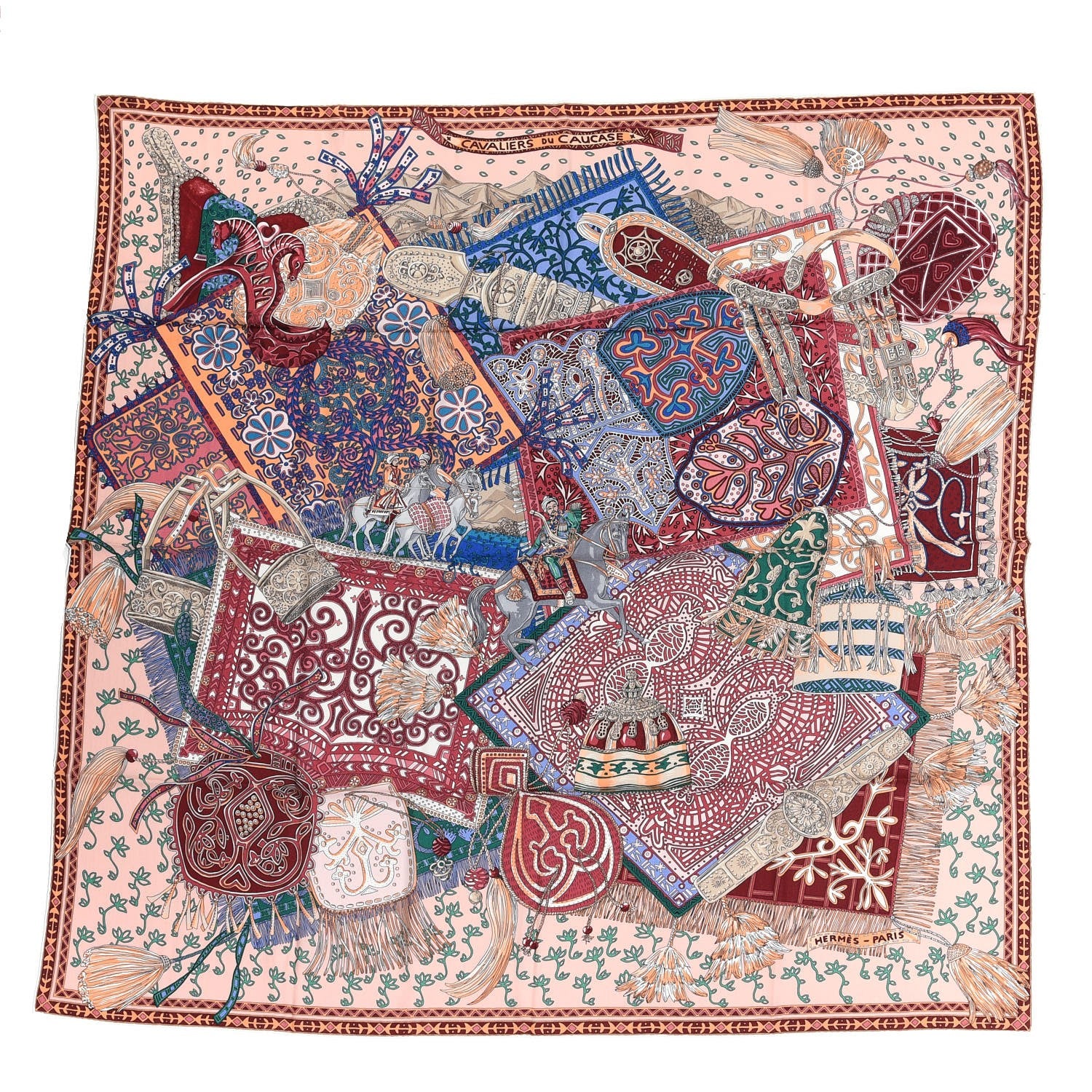 Hermes Cashmere Silk Cavaliers du Caucase Shawl 140 Rose Pale Bleu Framboise 1 of 7