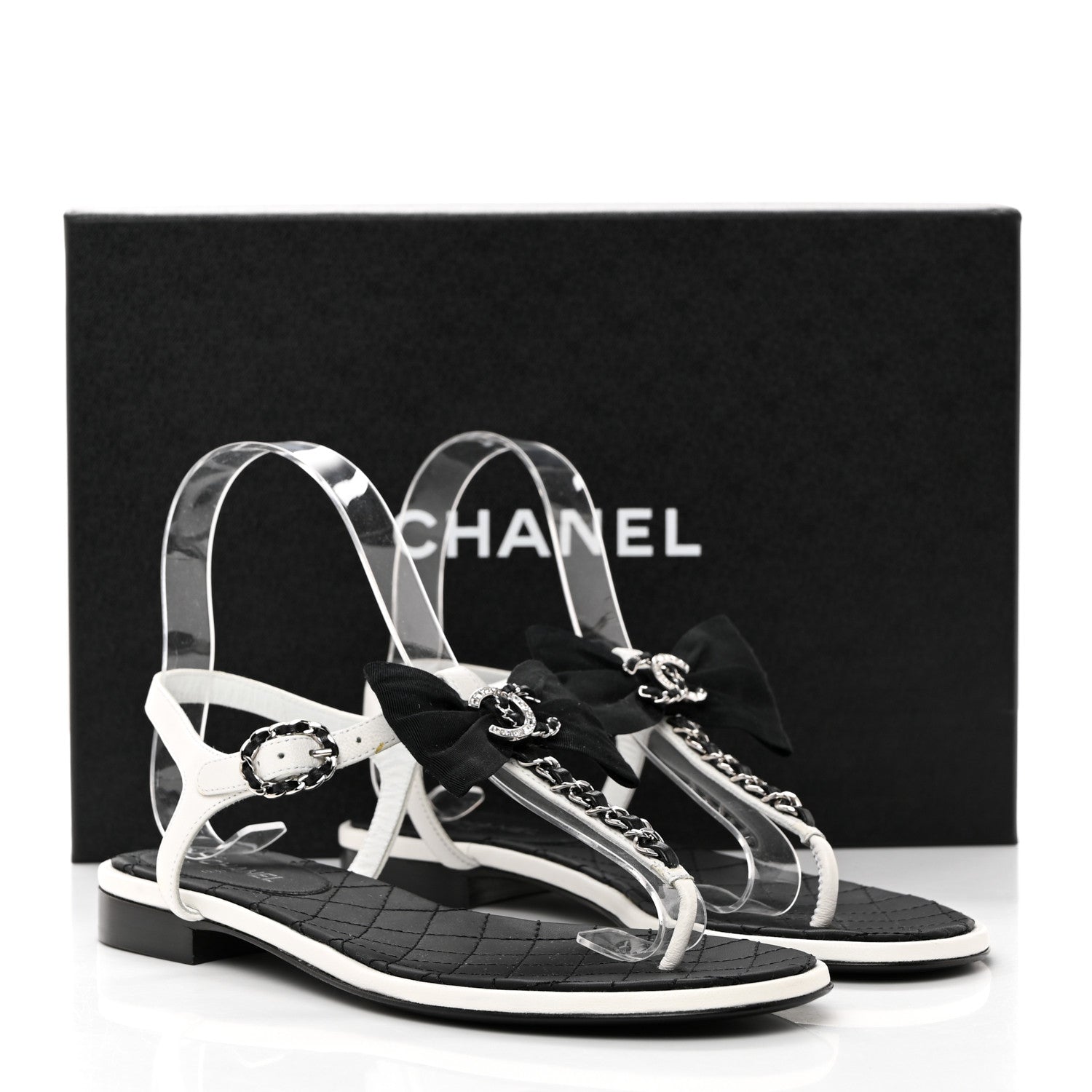 Chanel Lambskin Crystal Chain CC Logo Thong Sandals 37 White 8 of 8