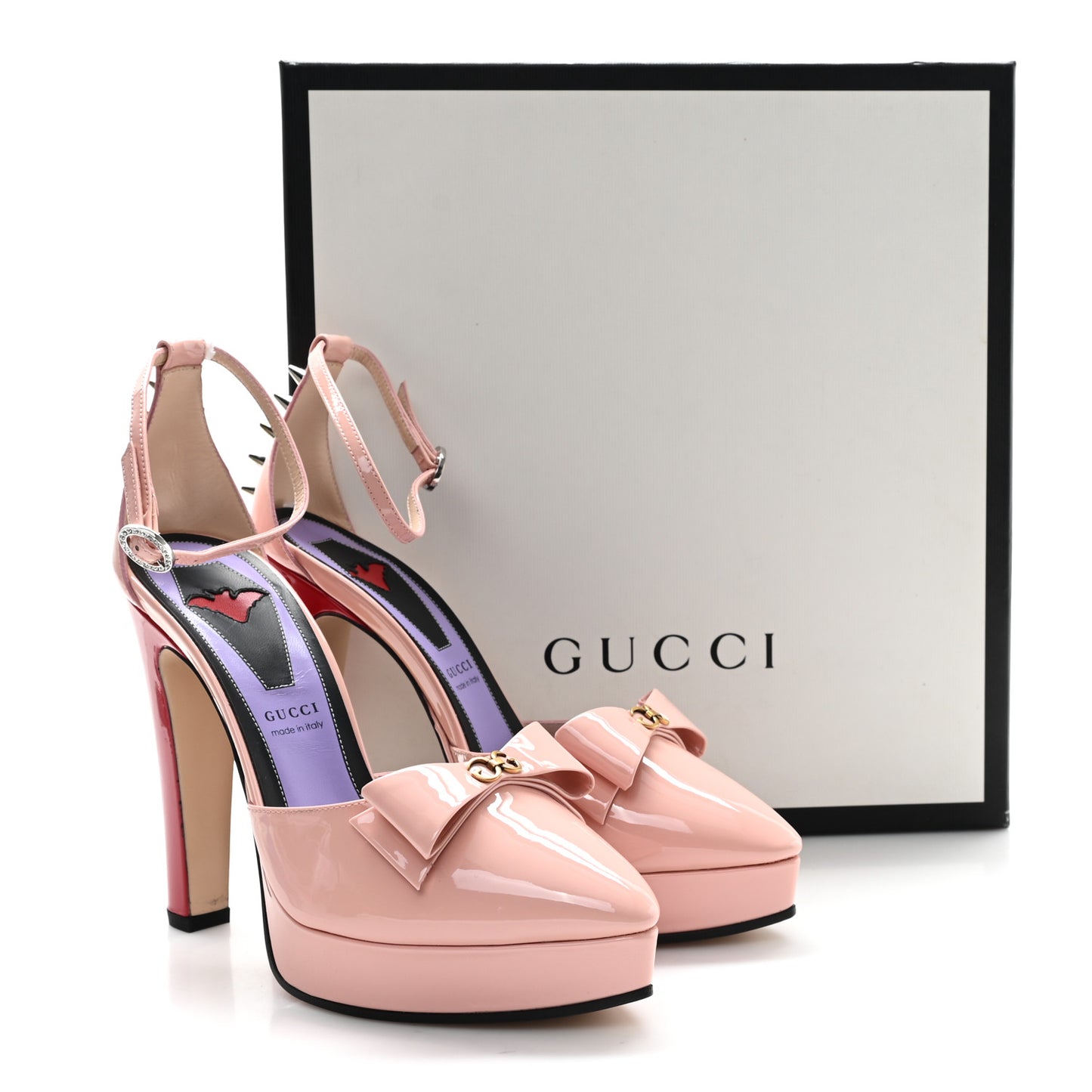 Patent Crystal GG Bow Sadie Spike Ankle Strap d'Orsay Platform High Heel Pumps 38.5 Perfect Pink
