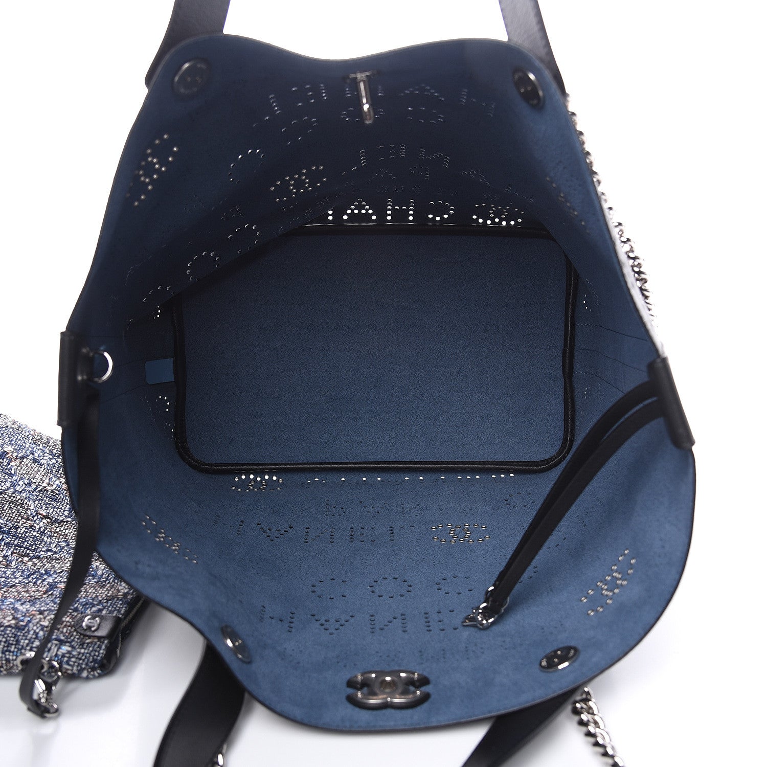 Chanel Calfskin Tweed Small Logo Eyelets Shopping Tote Black 7 of 12