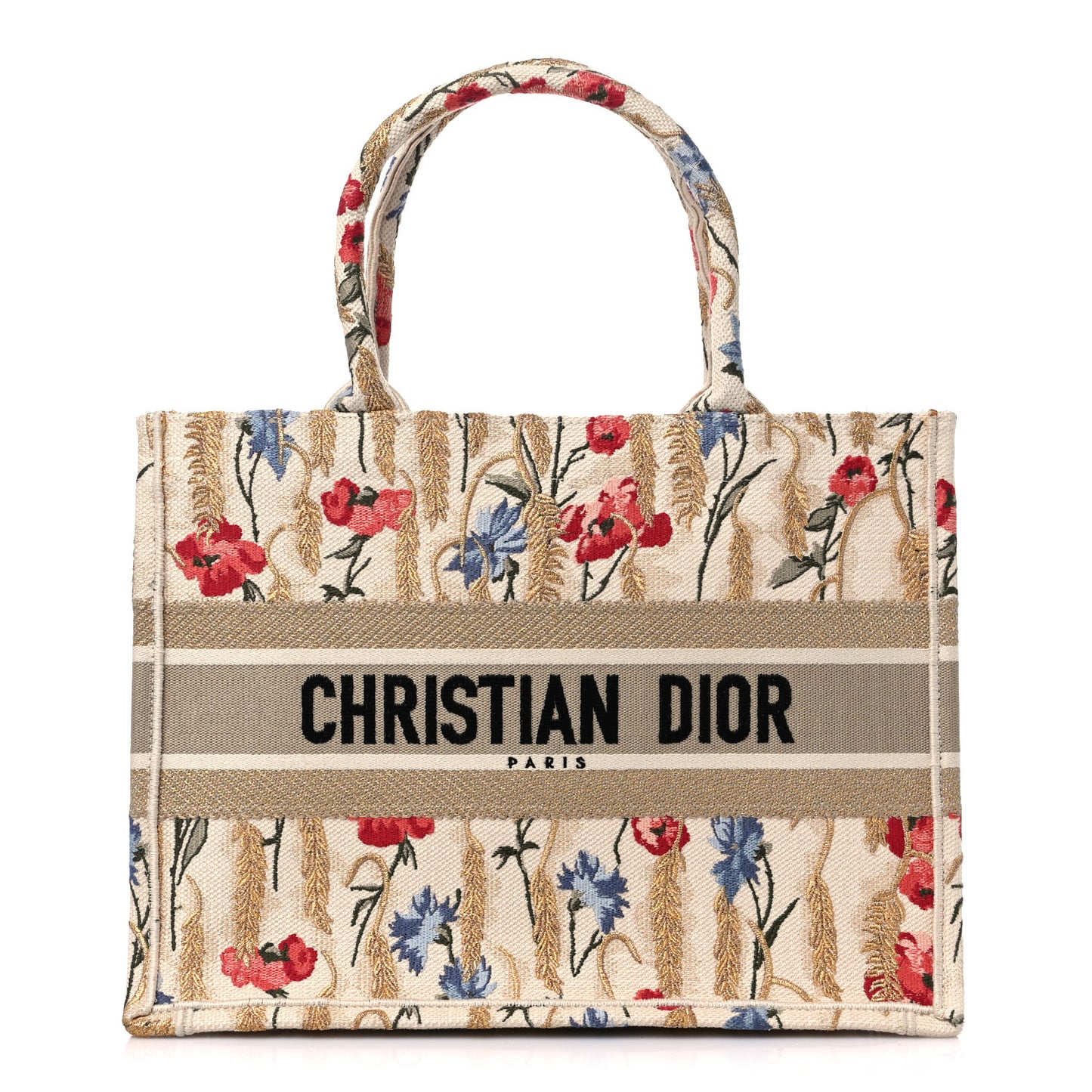 Canvas Embroidered Medium Hibiscus Book Tote Beige Multicolor