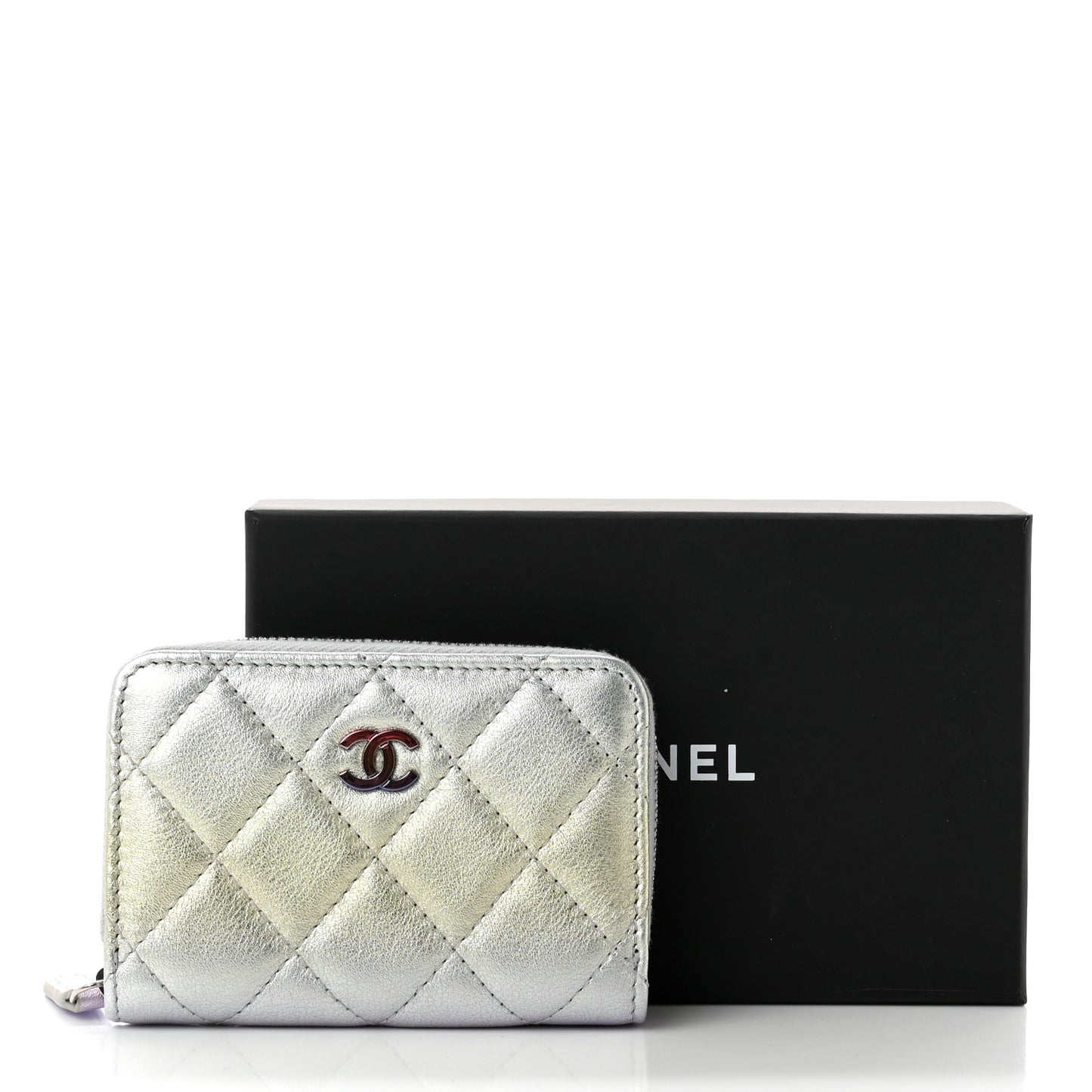 Gradient Metallic Calfskin Quilted Zip Around Coin Purse Wallet Silver Blue Yellow Purple