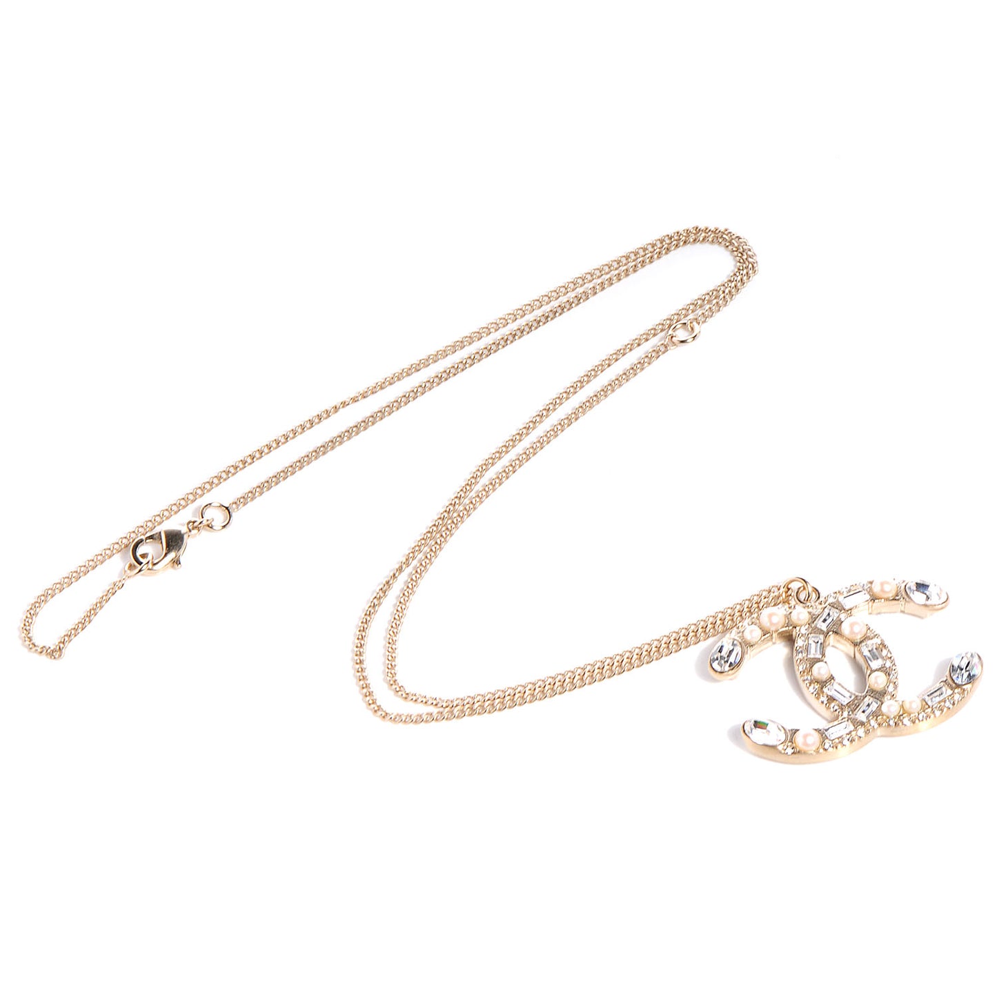 Pearl Crystal Baguette CC Long Necklace Gold