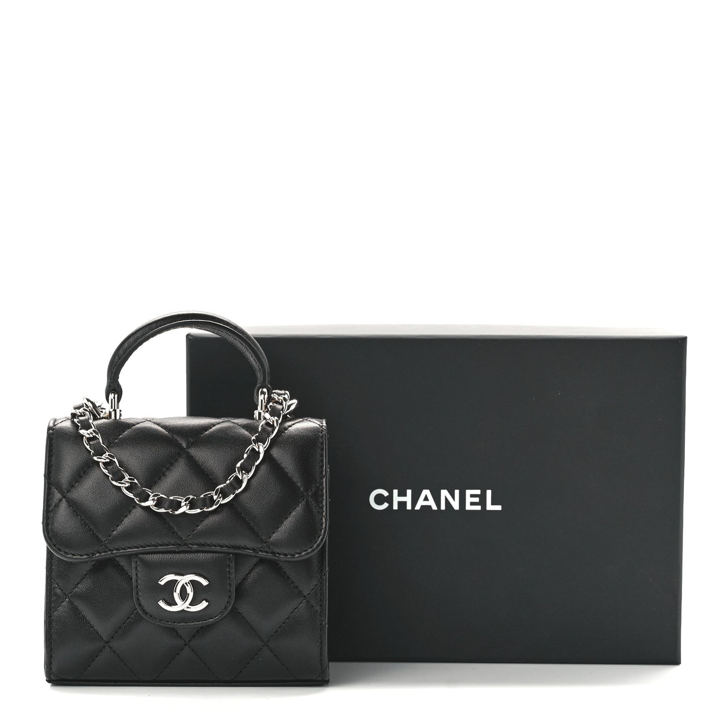 Lambskin Quilted Top Handle Flap Clutch With Chain Black