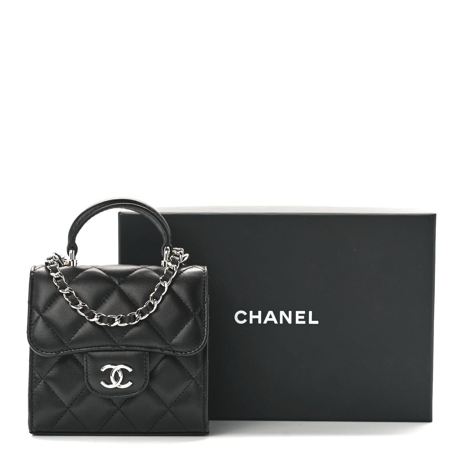 Chanel Lambskin Quilted Top Handle Flap Clutch With Chain Black 9 of 13
