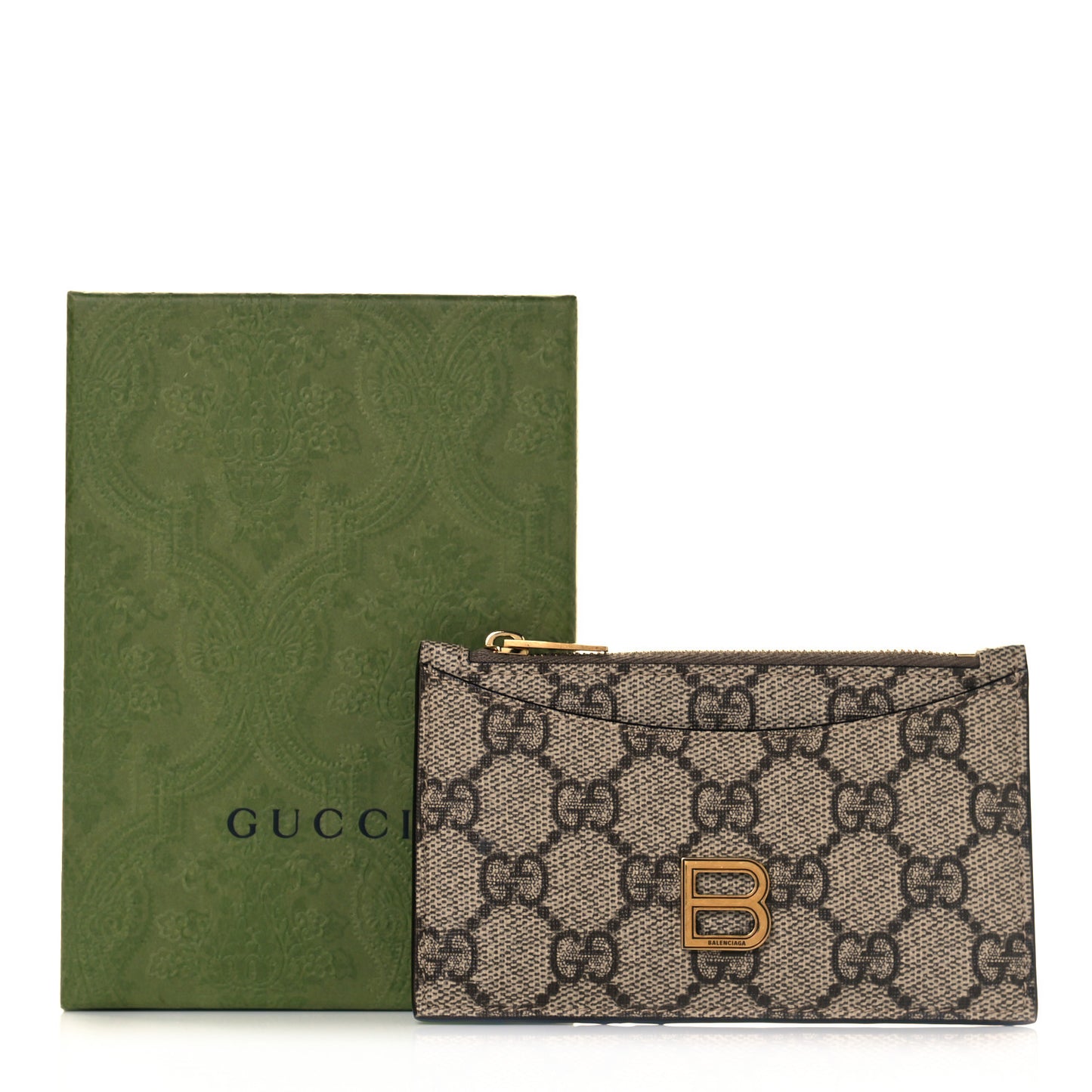 X BALENCIAGA GG Supreme Monogram Zip Card Case Beige Ebony