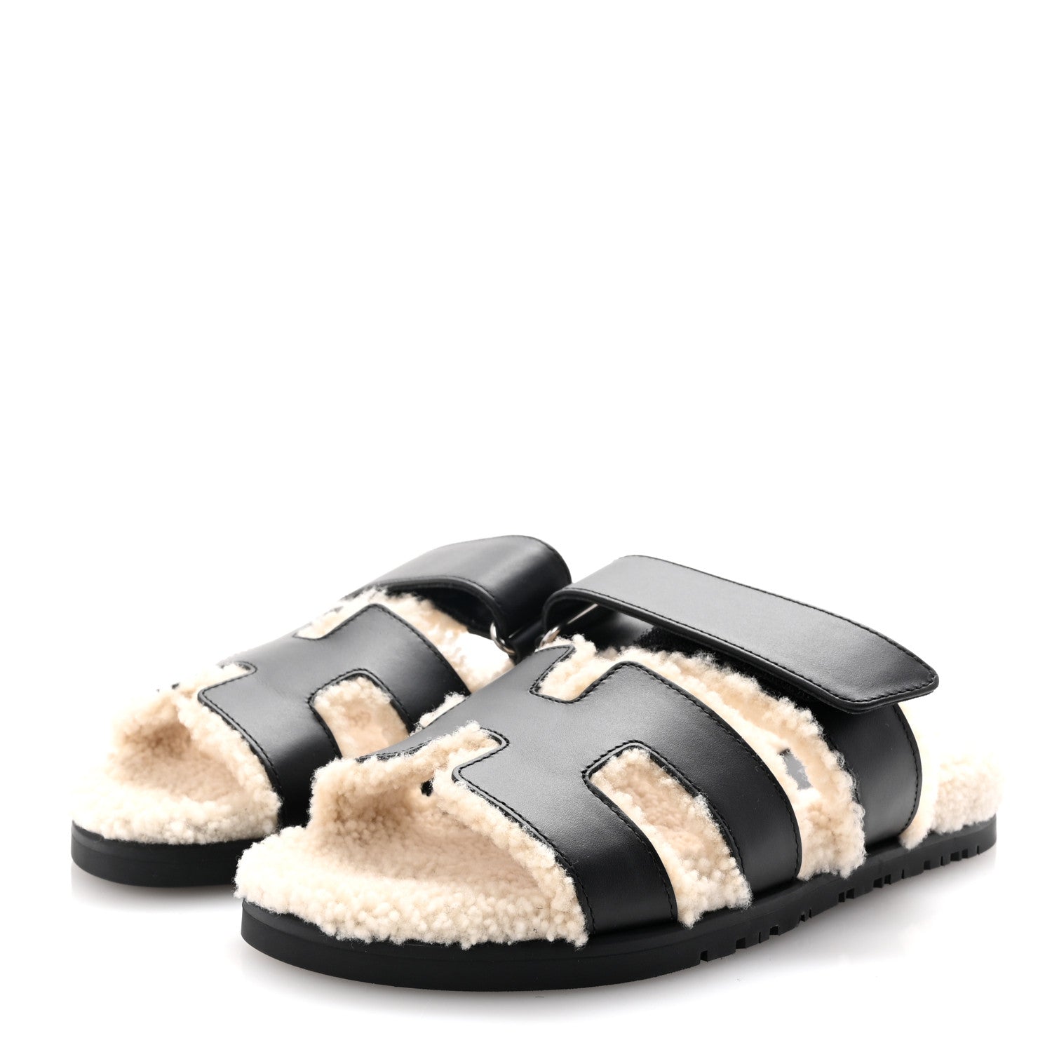 Hermes Calfskin Woolskin Womens Chypre Sandals 36 Black Ecru 4 of 9