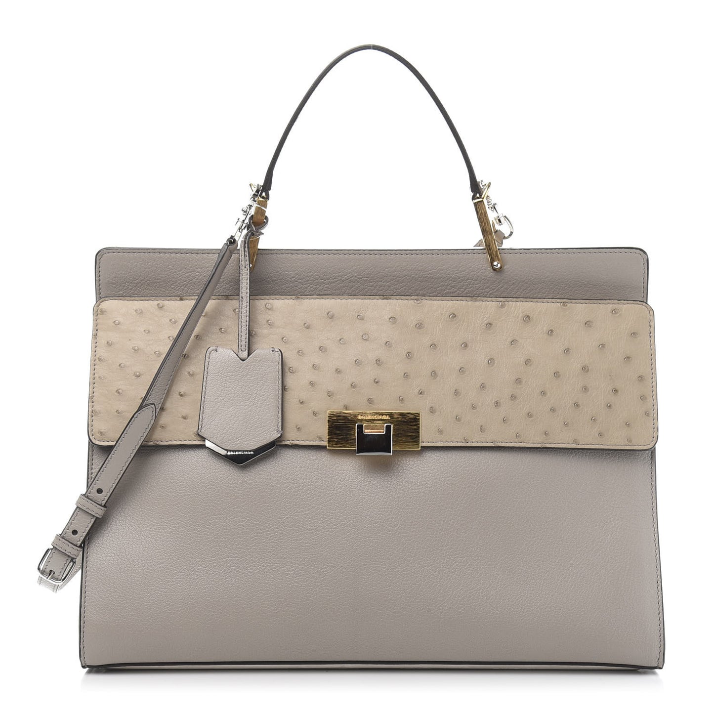 Calfskin Ostrich Trimmed Le Dix M Cartable Shoulder Bag Gris Glace