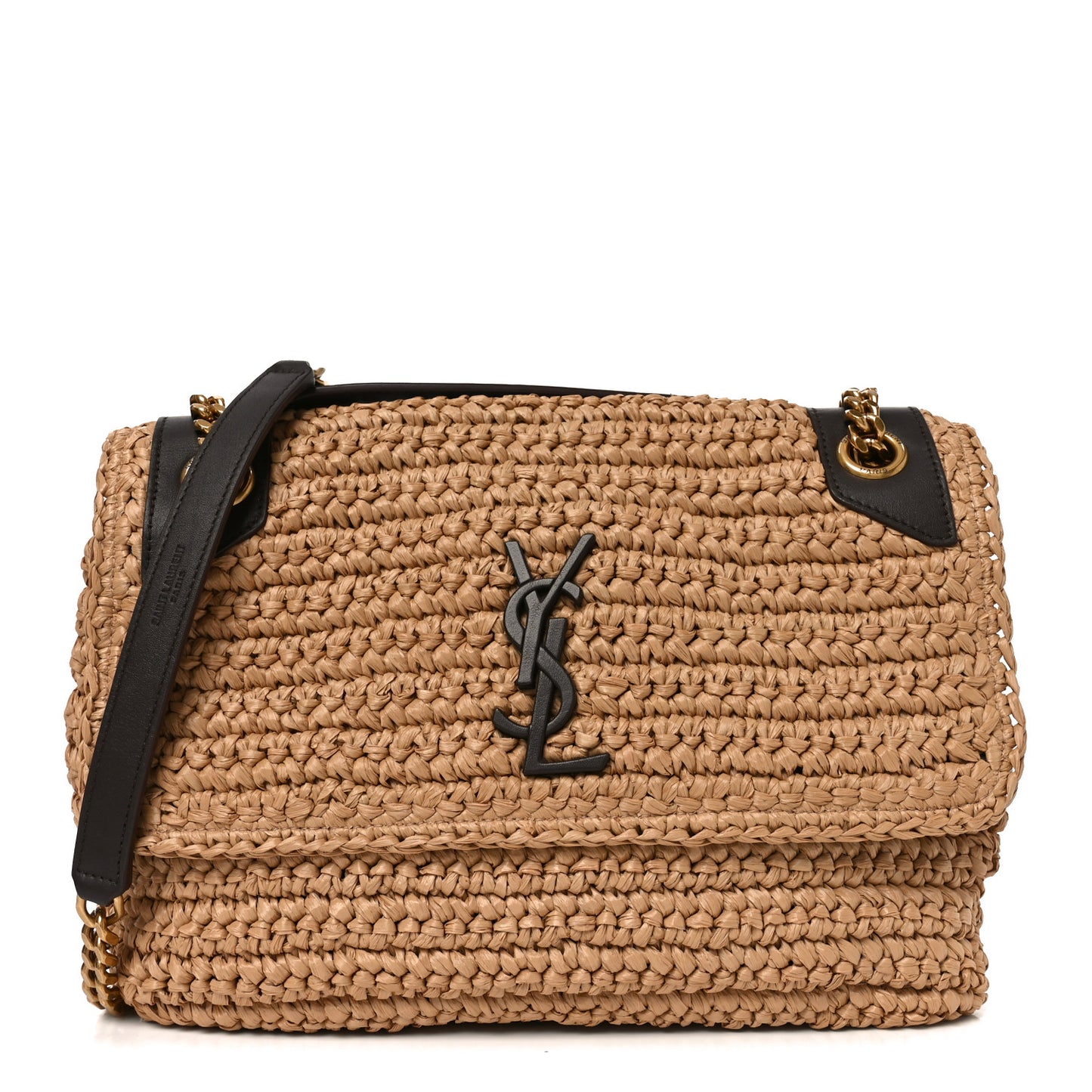Raffia Calfskin Monogram Medium Niki Chain Satchel Natural