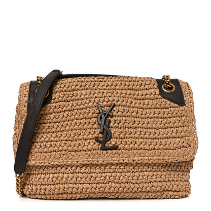 Saint Laurent Raffia Calfskin Monogram Medium Niki Chain Satchel Natural 1 of 10