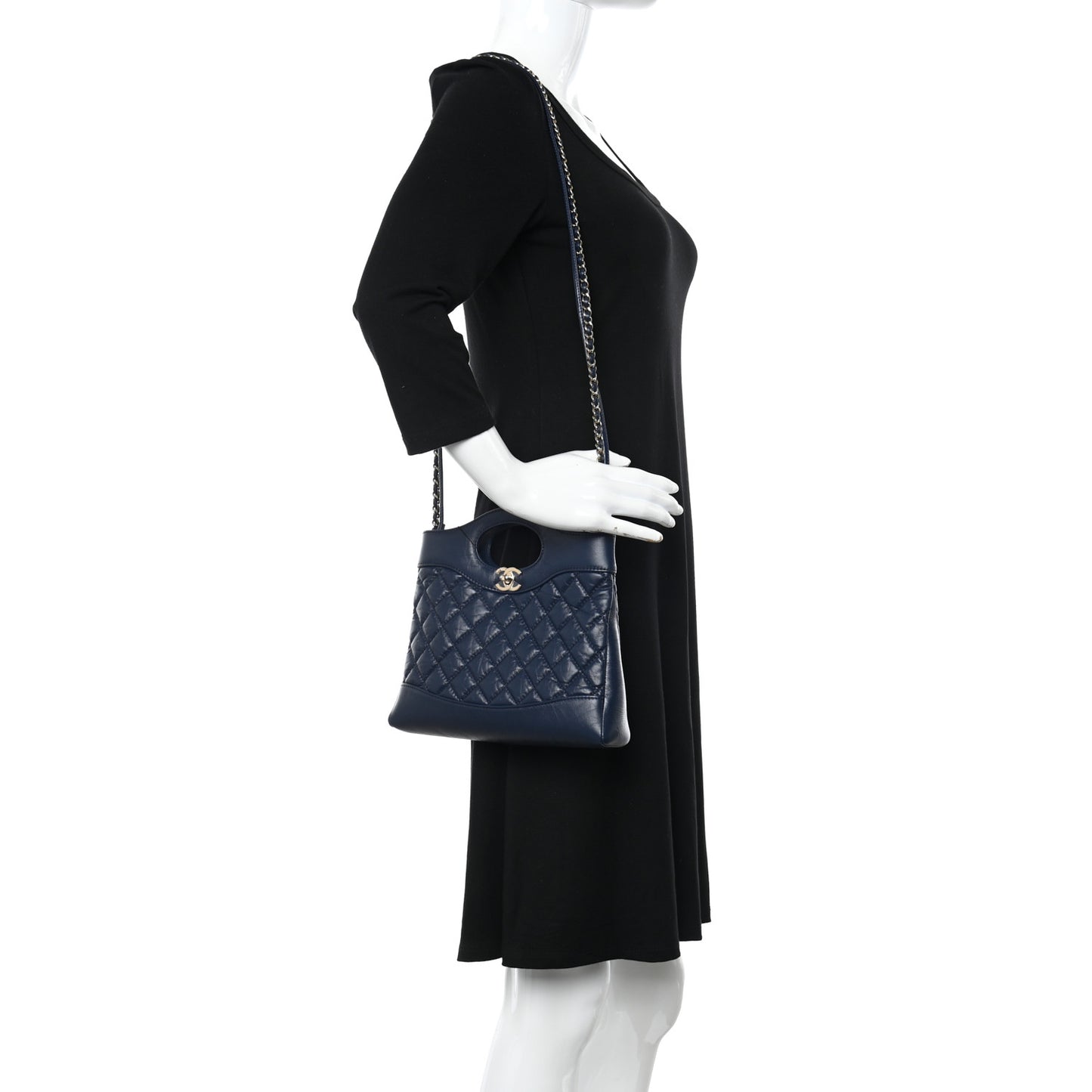 Shiny Crumpled Calfskin Quilted Mini 31 Shopping Bag Navy Blue