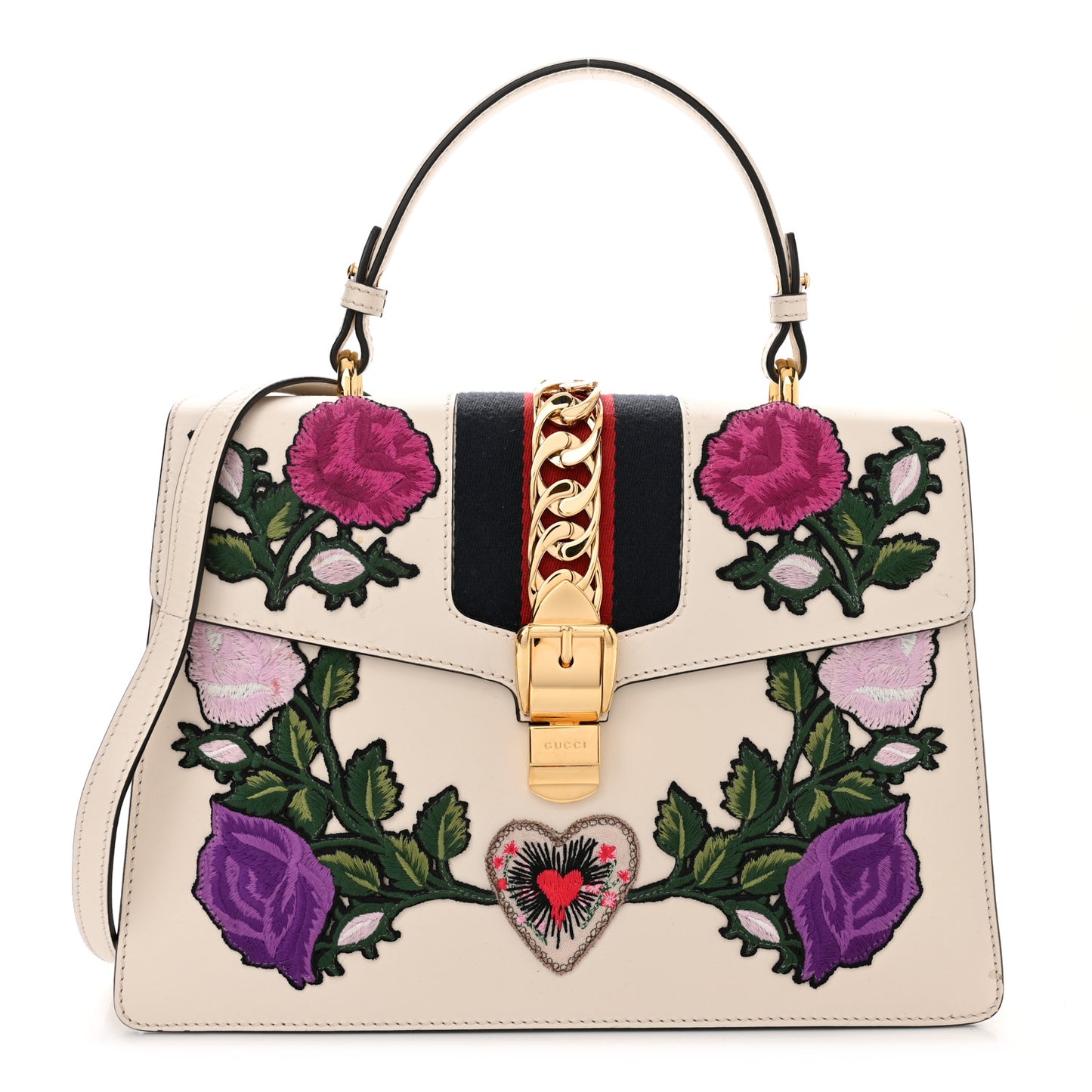 Calfskin Floral Medium Sylvie Top Handle Bag Off White