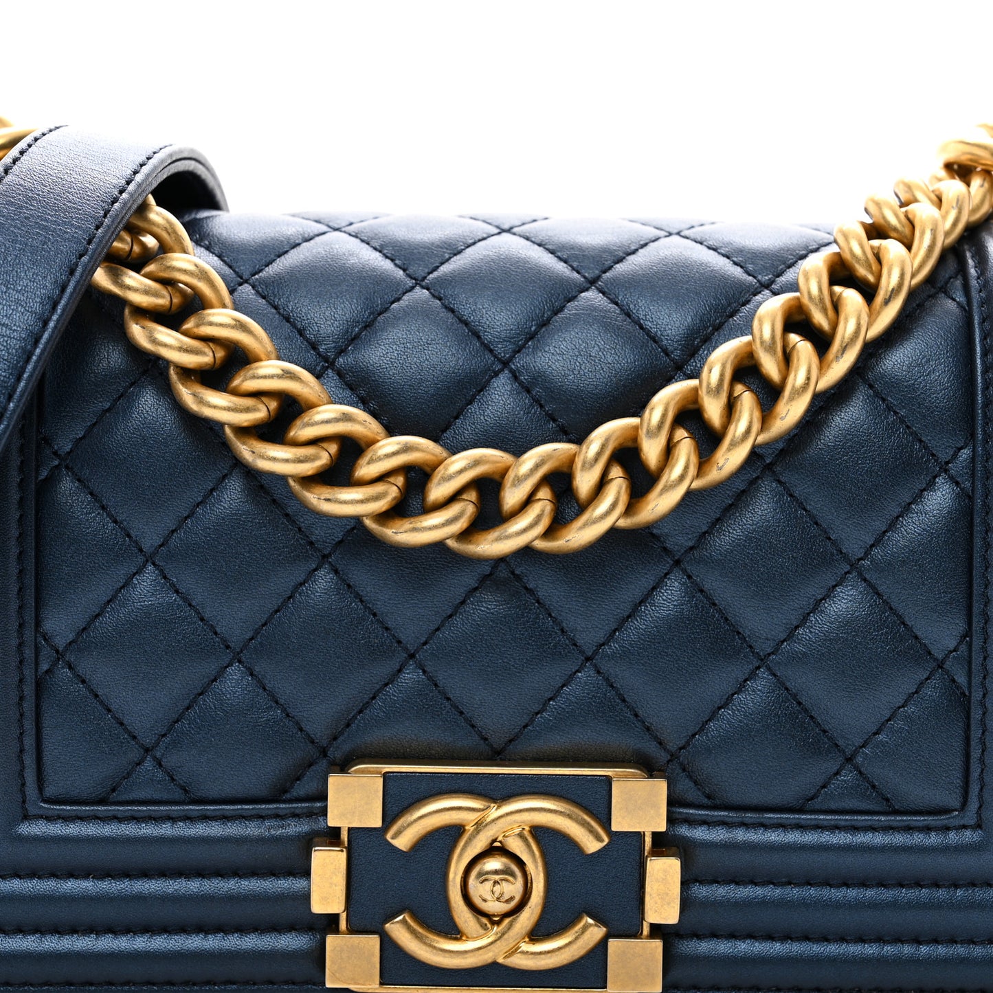 Metallic Calfskin Quilted Small Boy Flap Blue