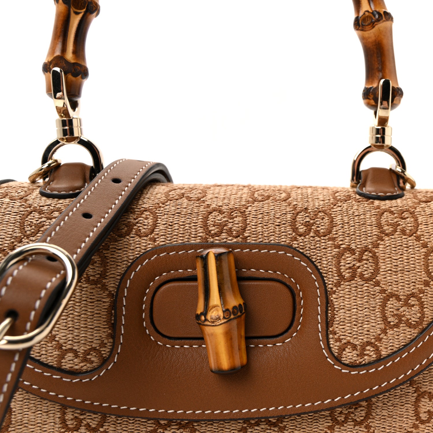 Gucci Raffia GG Supreme Monogram Calfskin Small Bamboo 1947 Top Handle Bag Natural 7 of 9