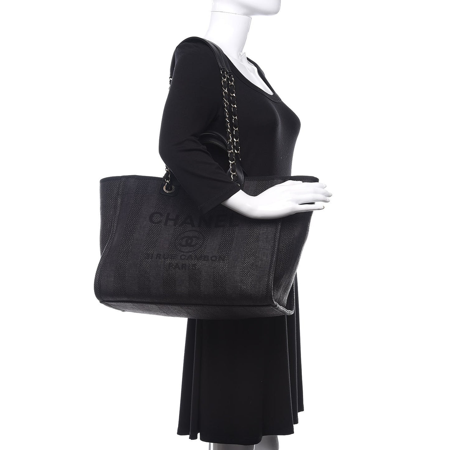 Mixed Fibers Calfskin Striped Medium Deauville Tote Black