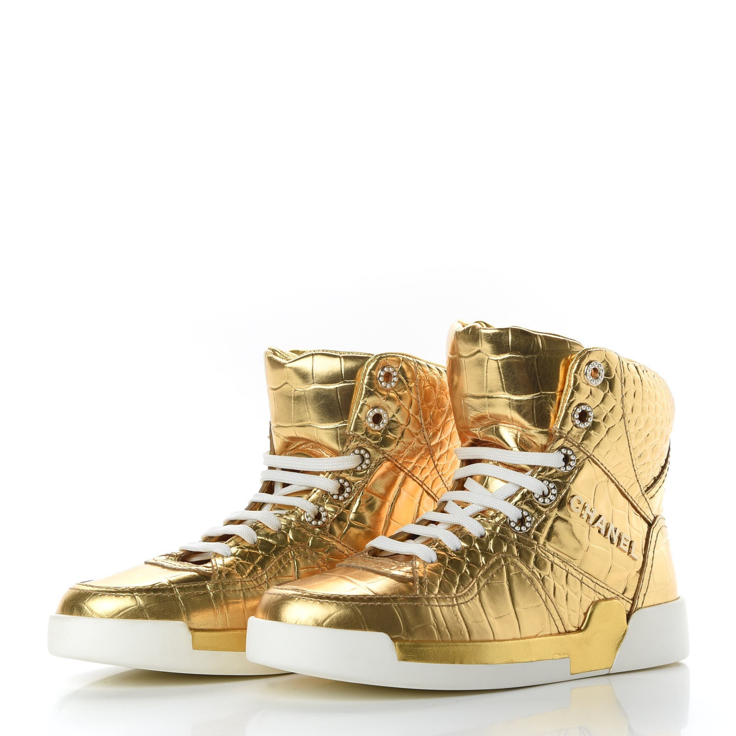 Chanel Metallic Calfskin Crocodile Embossed Cocodile High Top Sneakers 37 Gold 3 of 8