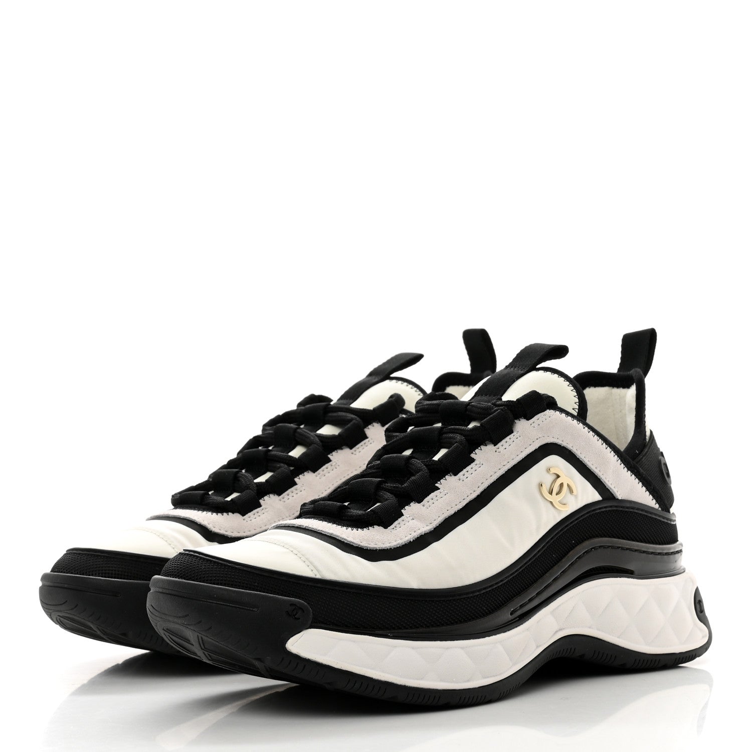 Chanel Suede Calfskin Mixed Fibers CC Sneakers 38 White Black 3 of 9