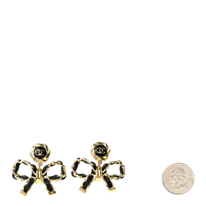 Chanel Lambskin Chain Bow Drop Earrings Black Gold 2 of 5