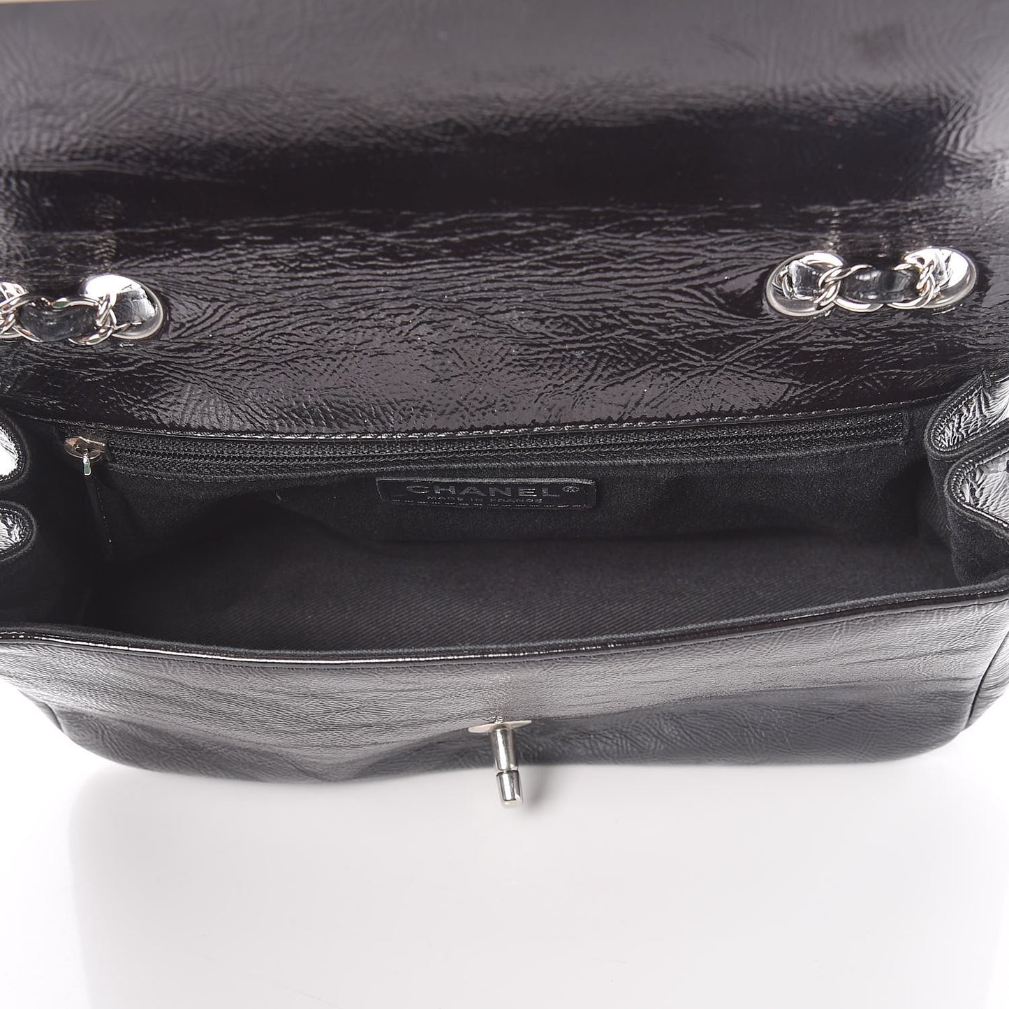 Distressed Patent Calfskin Small Frame Single Flap Black