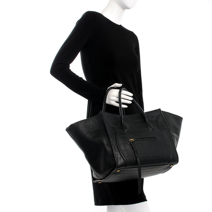Celine Crocodile Embossed Calfskin Medium Phantom Luggage Black 2 of 8