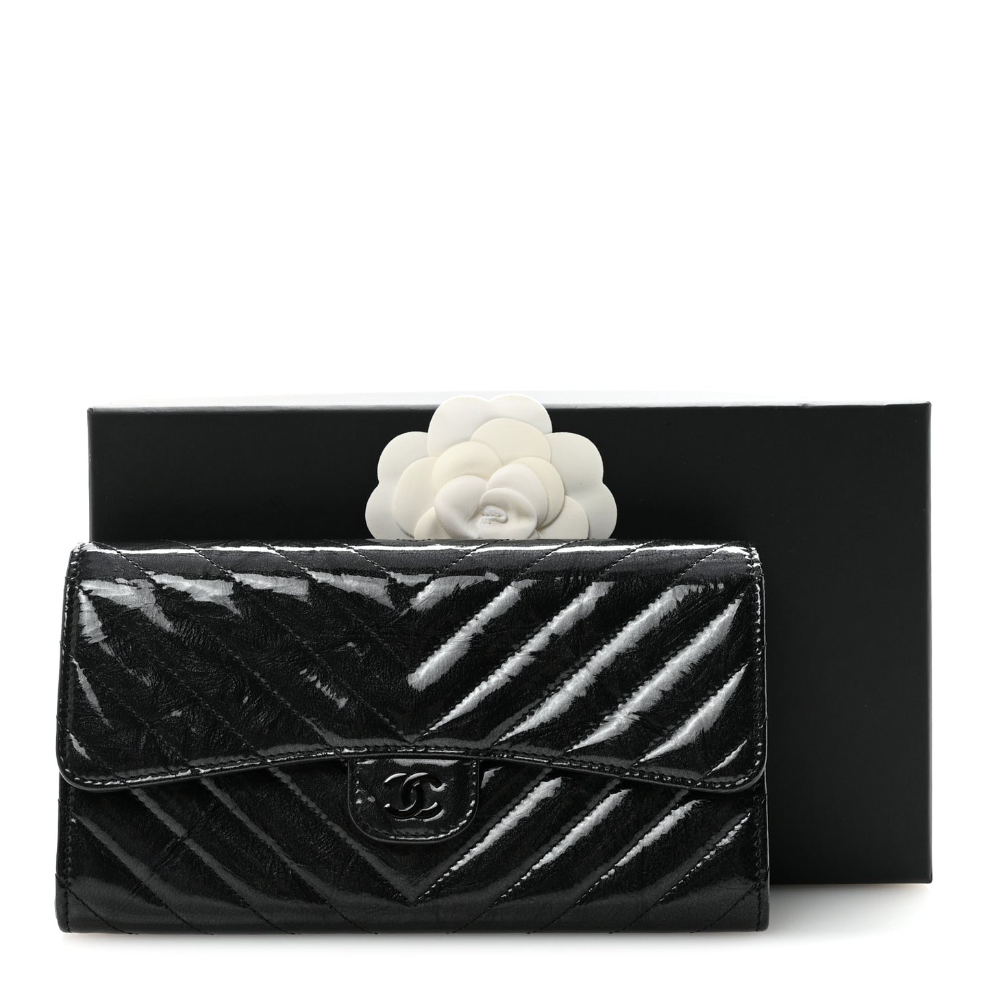 Patent Metallic Crumpled Calfskin Chevron Quilted Large Gusset Flap Wallet So Black
