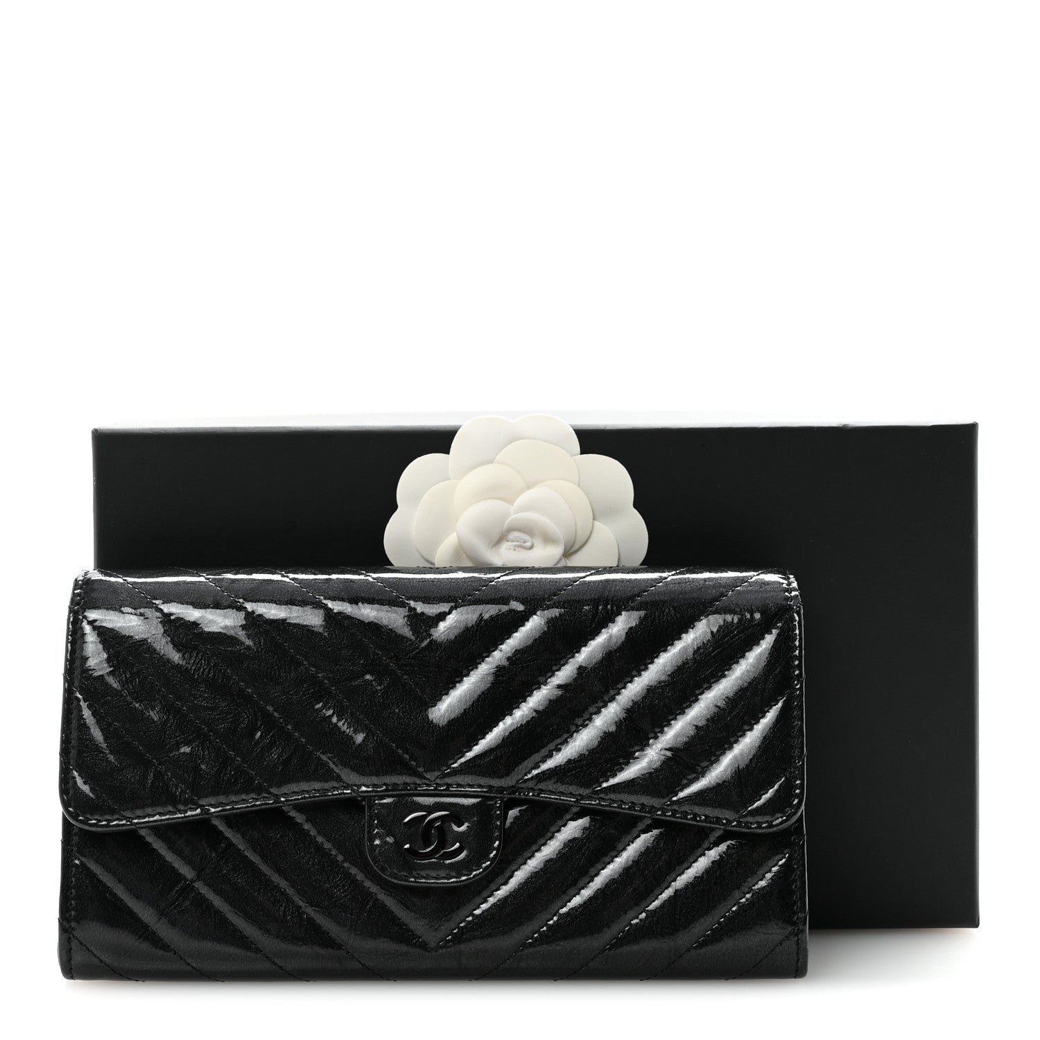 Chanel Patent Metallic Crumpled Calfskin Chevron Quilted Large Gusset Flap Wallet So Black 9 of 9