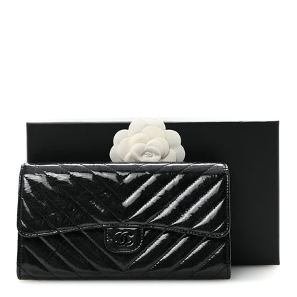 Chanel Patent Metallic Crumpled Calfskin Chevron Quilted Large Gusset Flap Wallet So Black 9 of 9