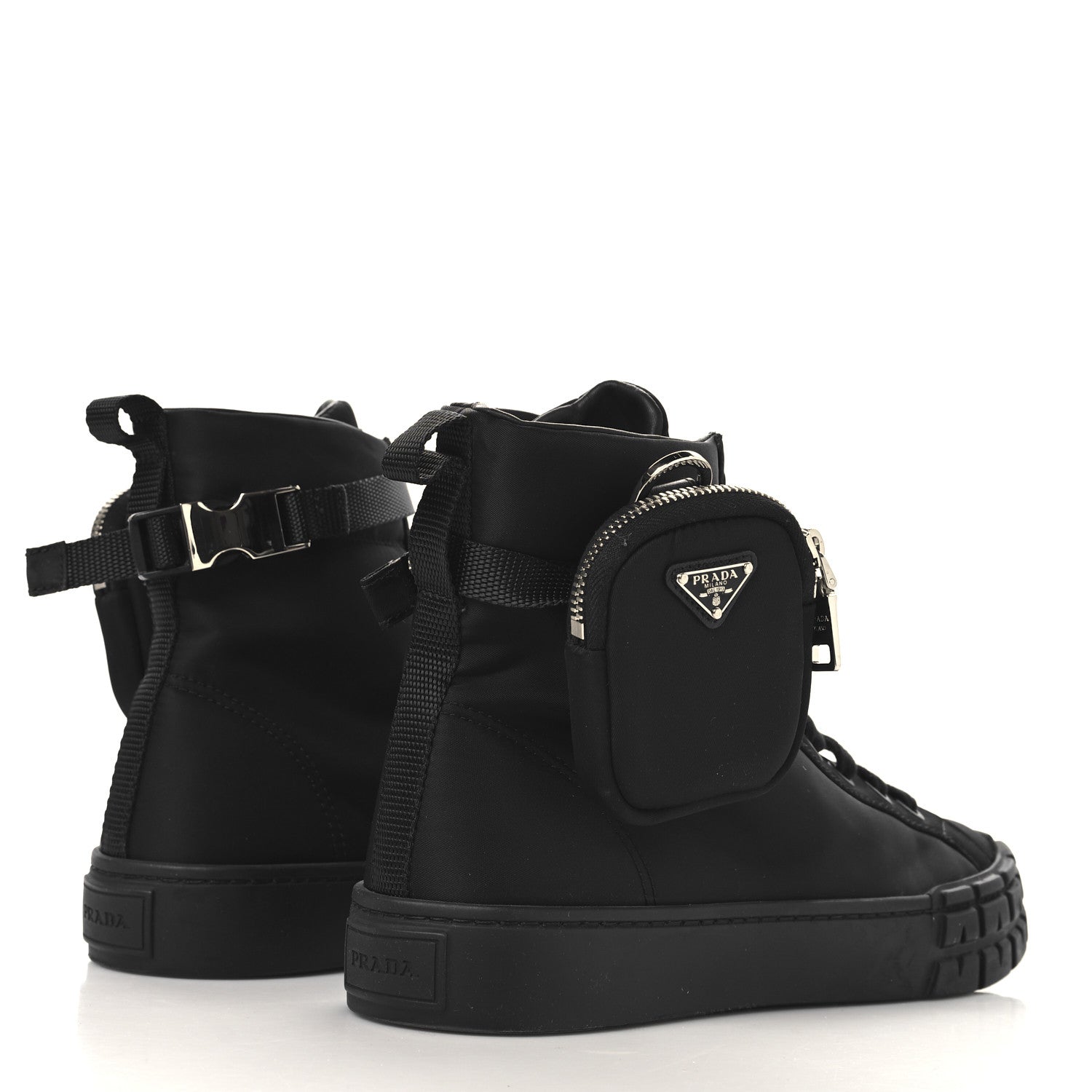 Prada Re-Nylon Gabardine Metal Triangle Logo Womens Wheel Pouch Pocket High Top Sneakers 40.5 Black 5 of 9