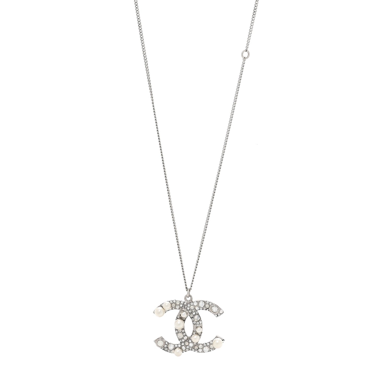 Crystal Pearl CC Pendant Necklace Silver