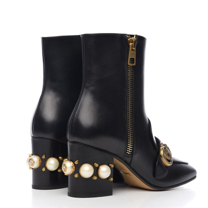 Gucci Betis Glamour Calfskin Web Pearl Embellished Peyton 75mm Ankle Boots 38 Black 4 of 8