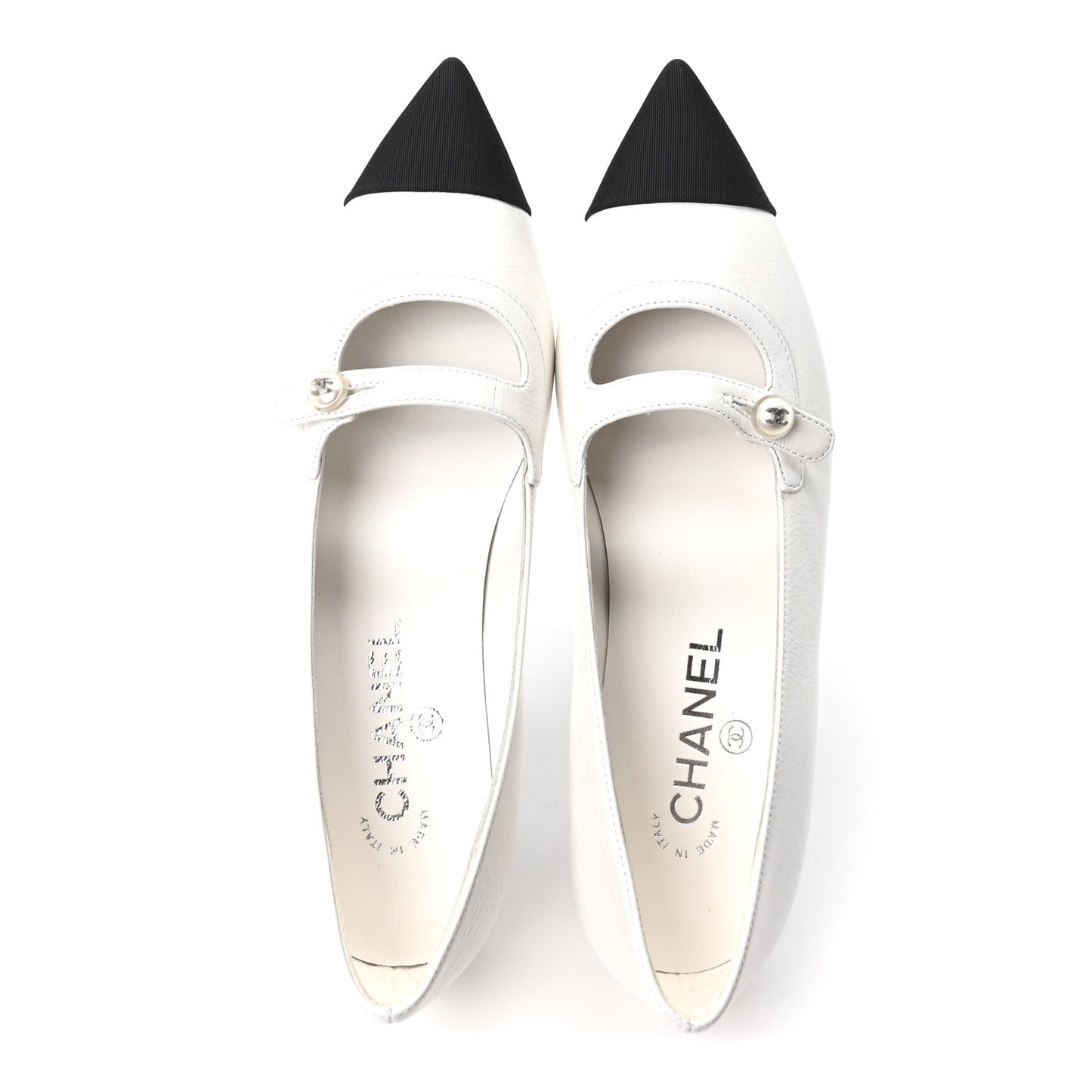 Shiny Lambskin Grosgrain Pearl Mary Janes Flats 37.5 White Black