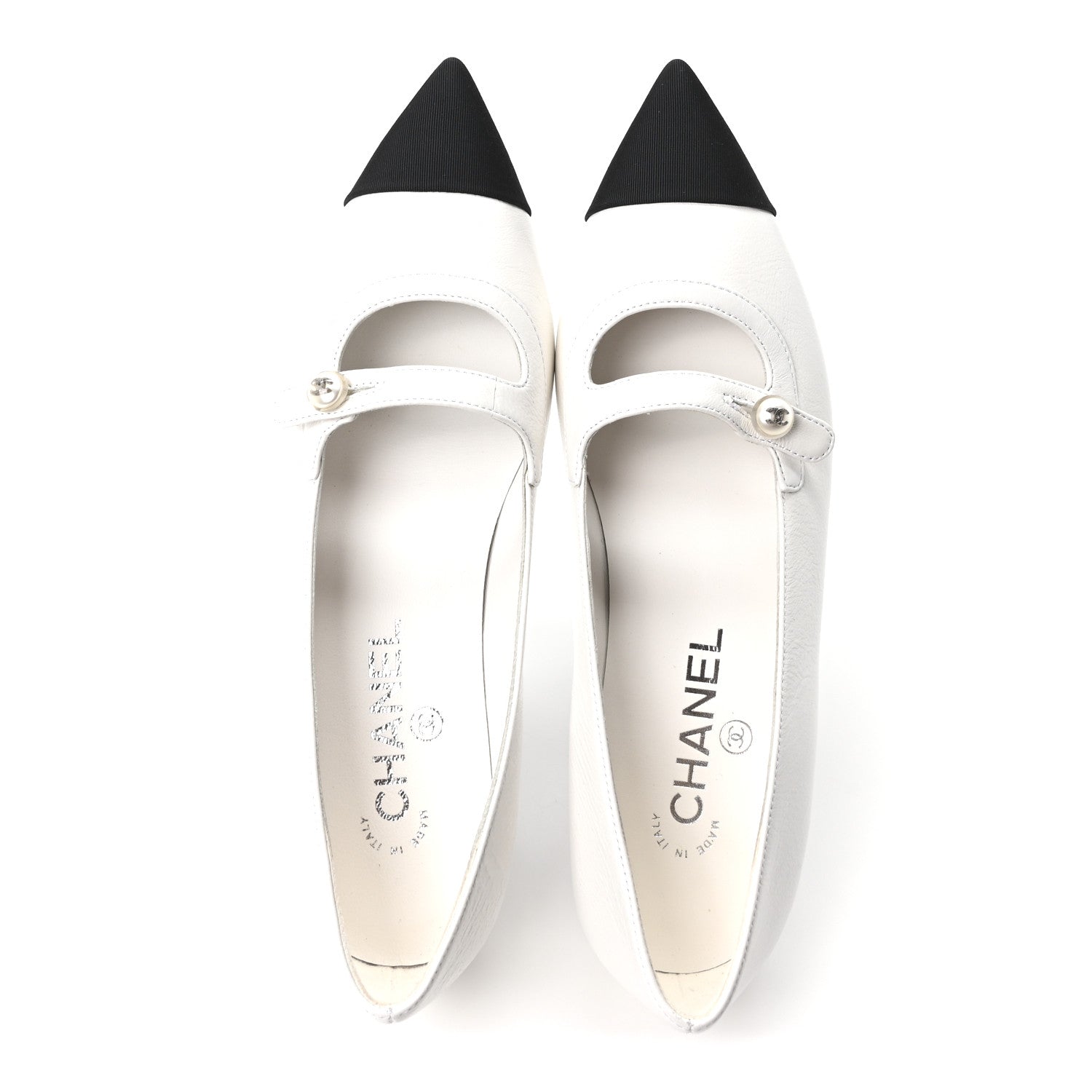 Chanel Shiny Lambskin Grosgrain Pearl Mary Janes Flats 37.5 White Black 2 of 10